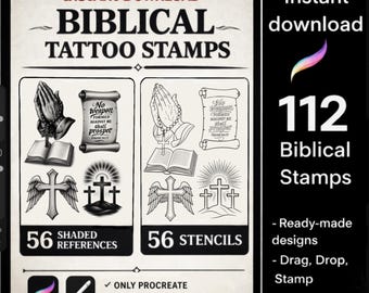 112 Biblical Tattoo Stamps Procreate Brush Set | Shaded References, Stencils (Digital Download)