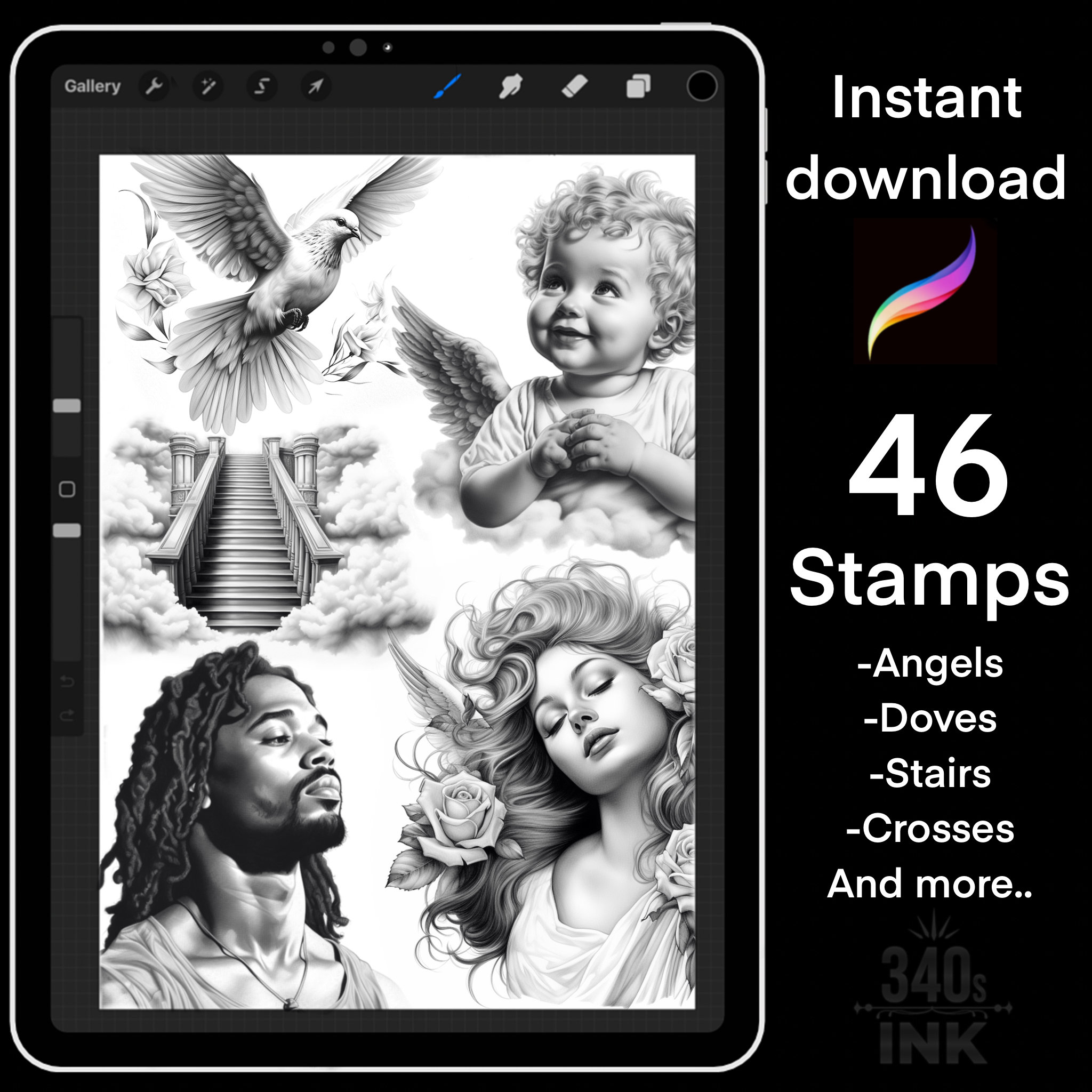 Biblical Procreate Stamps 2.0 – Conjunto de pincéis cristãos realistas com anjos, pombas, cruzes e mais