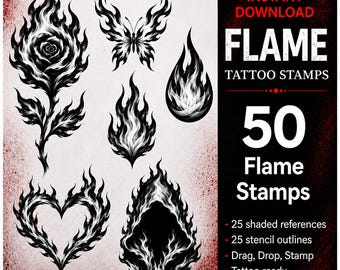 Flame Tattoo Stamp Pack, procreate, stencils, Fire Stamps
