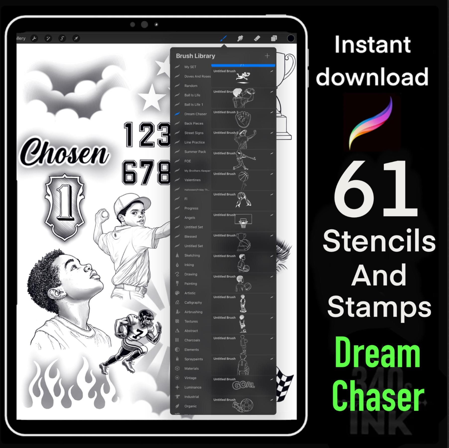 Dream Chaser Procreate Stamps & Stencils Brush Set for Sports Tattoo Art