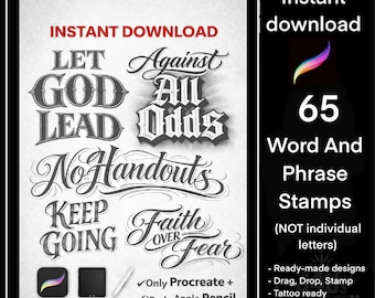 Procreate Lettering Stamp Bundle, Bold Words Phrases for Tattoos, Script, Tattoo Stamps , Stencil friendly