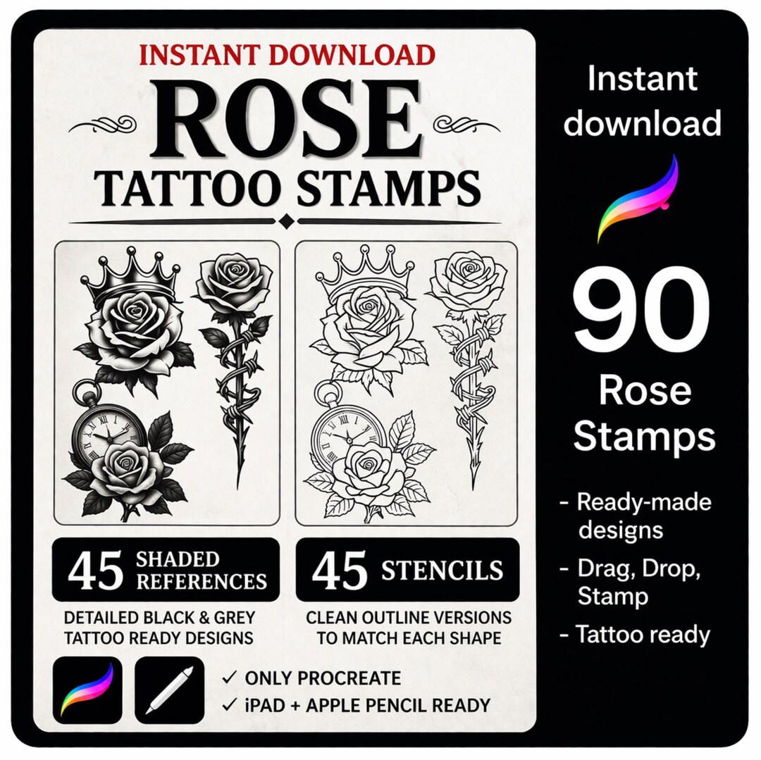 Procreate Rose Tattoo Stamp Bundle - Etsy