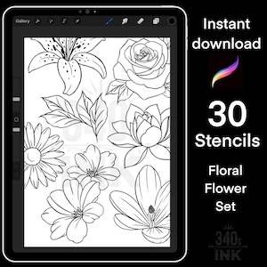 Conjunto de pincéis florais procreate, estênceis de tatuagem, flores