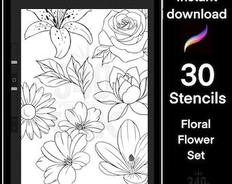 Floral procreate brush set, tattoo stencils, flowers