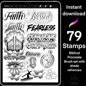 May include: A set of 79 black and white digital stamps for Procreate featuring biblical and inspirational themes. The stamps include phrases like "Faith", "Fear None", and "God's Plan", as well as images of a gate, an eye, a clock, and a cross.