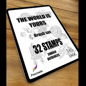 Space Procreate brush set, The world is yours stamps, tattoo stencils with shade reference