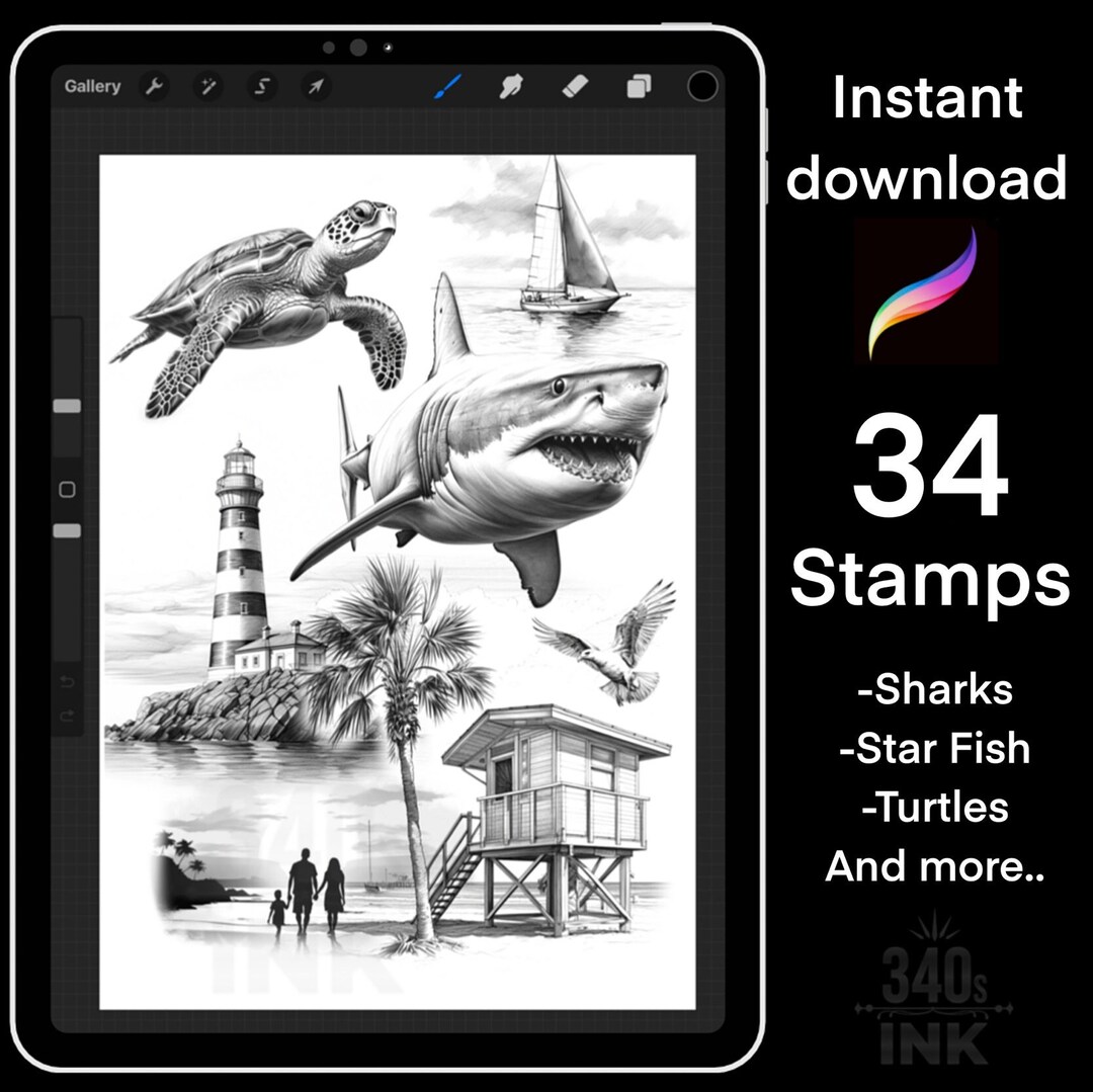 Bay Life, Beach, Sharks, Turtles Beach Theme, Beach Procreate Stencils ...