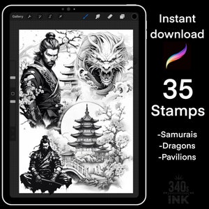 Samurai procreate stamps, realism brushes, Detailed, procreate Stencils, Japanese Pavilion, Dragon and cherry blossom art