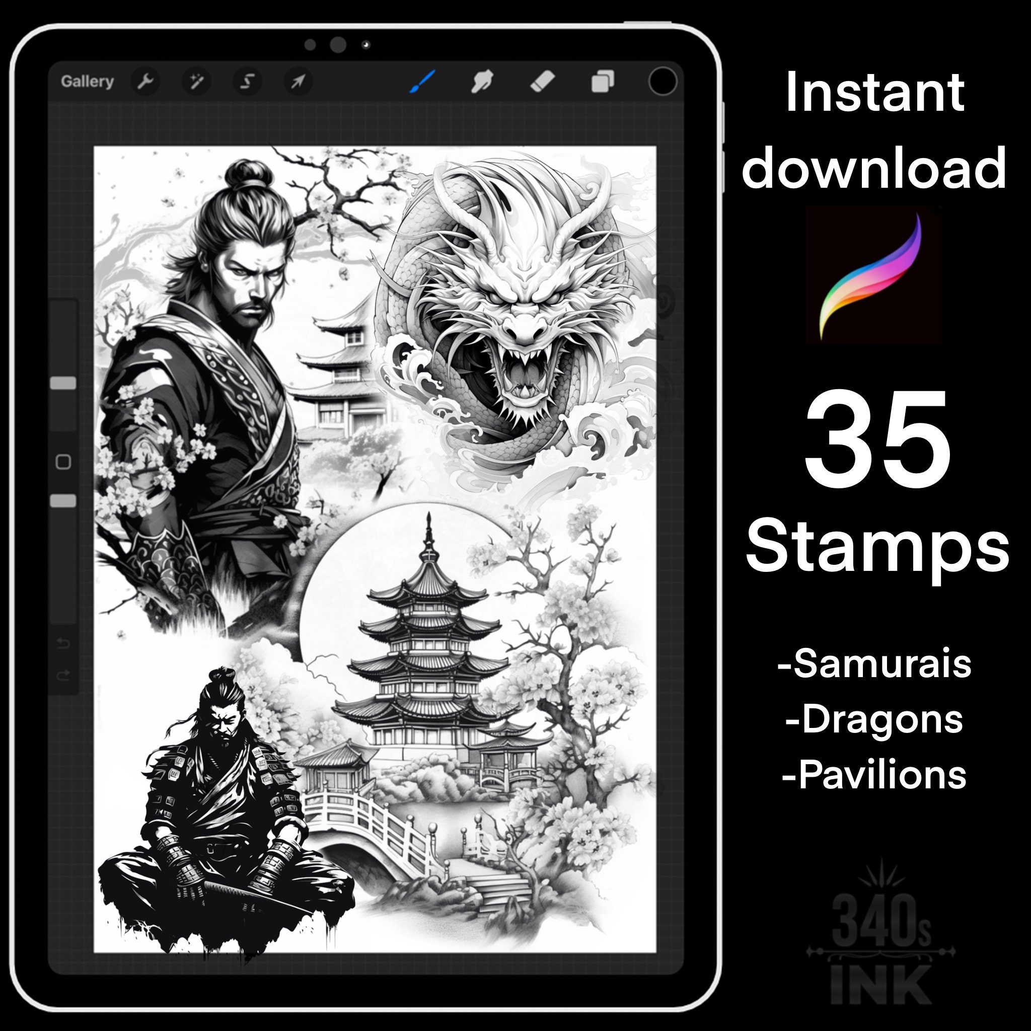 Samurai Procreate Stamps, Realism Brushes, Detailed, Procreate Stencils