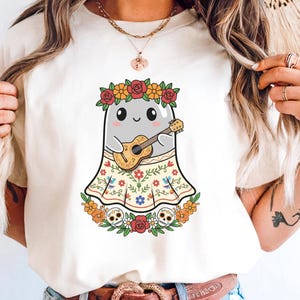Espooky Vibes Ghost png Shirt, Cute Ghost Mariachi Guitar png ShCute Dia de los Muertos Halloween png, Ghost Floral Calavera Graphic png