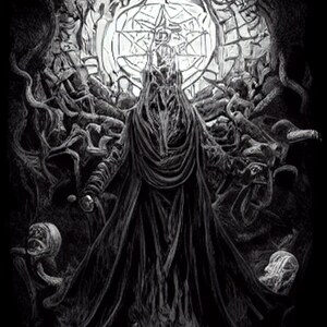 May include: A black and white illustration of a hooded figure standing in front of a circular window with a starburst design. The figure is surrounded by intricate, swirling patterns that resemble vines or branches.