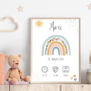 Geburtsposter Regenbogen "Maxi"- Geburtstafel - Geburtsurkunde - Geschenk Geburt - personalisiert – Mädchen & Jungen – PDF/Druck A4