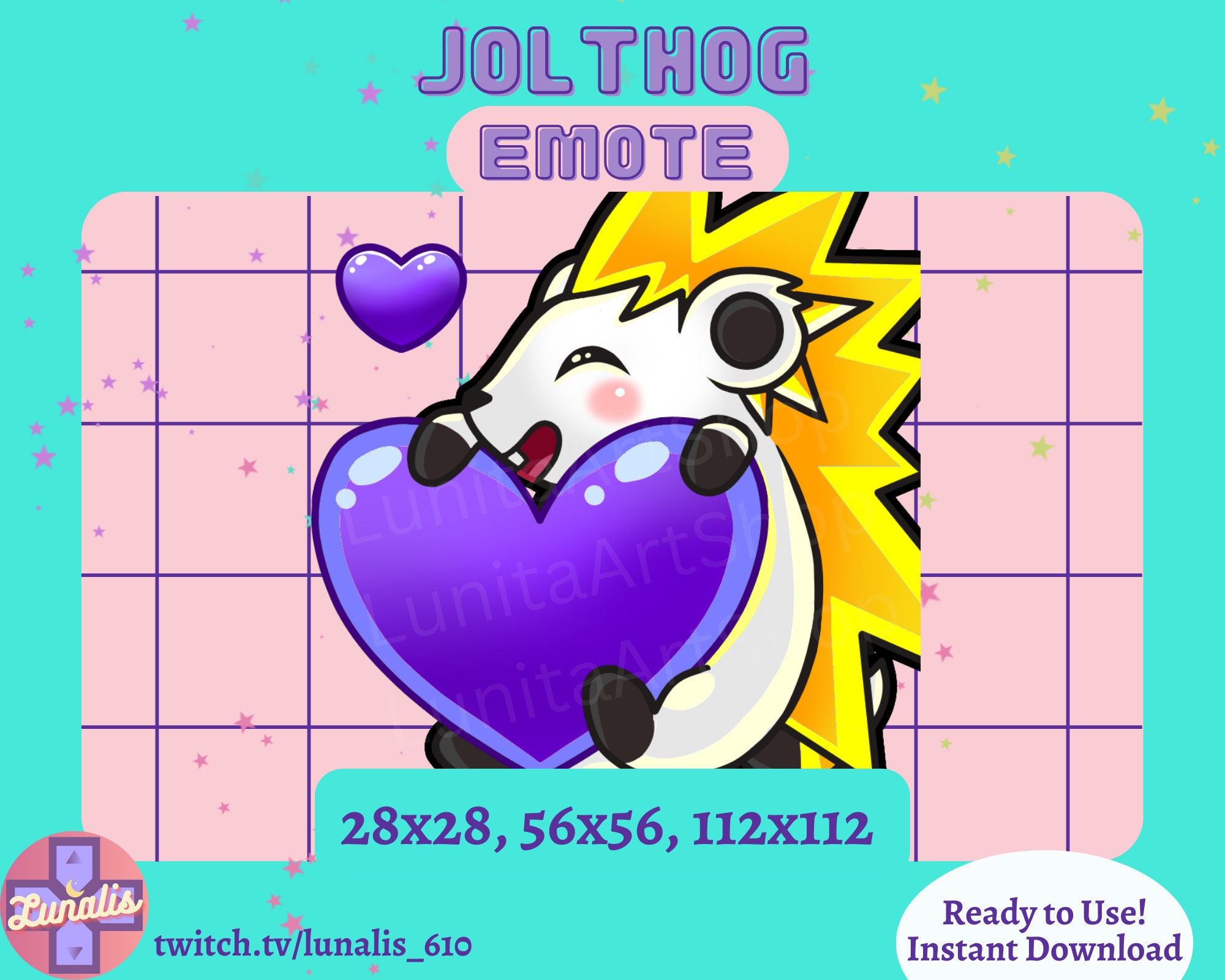 Jolthog heart emote for Twitch, Discord | Palworld emote for Twitch, Palworld Jolthog emote, electric hedgehog cute emote, love heart emote