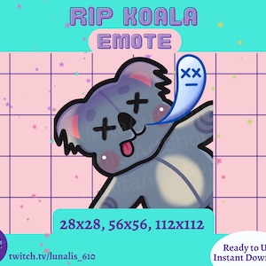 May include: A digital graphic of a cartoon koala with cross-shaped eyes, a lolling tongue, and a ghost-like figure with crossed-out eyes. The text "RIP KOALA EMOTE" is at the top. The image is on a pink grid background with stars.