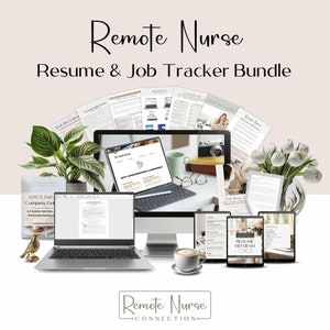 May include: A digital marketing bundle for remote nurses, featuring a laptop, tablet, and various digital documents. The bundle includes a resume refresh guide, job tracker, and company guide for remote nursing.