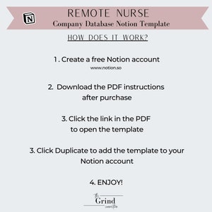 May include: A pink and white graphic with the text "REMOTE NURSE Company Database Notion Template HOW DOES IT WORK?" and a list of four steps to create a Notion account, download instructions, open the template, and duplicate the template to your Notion account. The graphic also includes the text "ENJOY!" and the logo "the Grind connection".