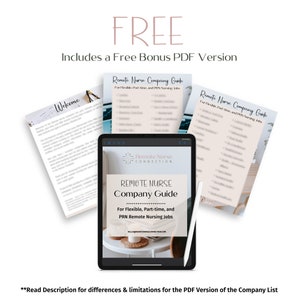 May include: A digital tablet displaying a guide for remote nurse jobs. The guide is titled "Remote Nurse Company Guide" and is for flexible, part-time, and PRN remote nursing jobs. The guide is from Remote Nurse Connection.