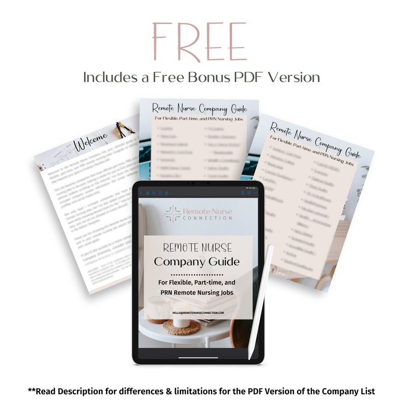 May include: A digital tablet displaying a guide for remote nurse jobs. The guide is titled "Remote Nurse Company Guide" and is for flexible, part-time, and PRN remote nursing jobs. The guide is from Remote Nurse Connection.