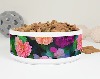 Bol en céramique pour animaux de compagnie | Gamelle pour chien et Gamelle pour chat | avec une belle impression de fleurs