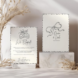 May include: Black and white wedding announcement with a scooter illustration and the text "We Eloped!" Owen & Leah got married in a private ceremony in Positano on Saturday, the 14th of July. They will be holding a wedding reception to celebrate their nuptials on Saturday, the 29th of November and would love to celebrate with you. Please save the date and a formal invitation will follow. With love, The Anderson's.  A separate card with a black and white illustration of a bow and the text "Owen & Leah Tied the Knot!"