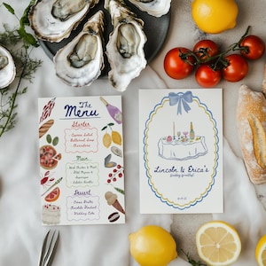 May include: A watercolour illustration of a wedding menu featuring a selection of dishes, including caprese salad, butternut soup, charcuterie, roast chicken and mash, and wedding cake. The menu is titled "The Menu" and is accompanied by a watercolour illustration of a wedding table setting with a blue bow.