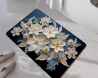 Alfombra de baño de diatomeas con diseño floral: secado rápido, antideslizante (44,5 x 70,9 cm)