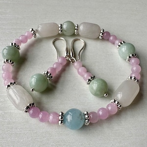 Jade Kunzite Aquamarine Bracelet Earrings Set Natural Beads Stretch Healing