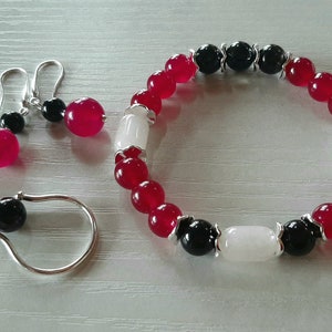 Robijn Kwarts Rode Armband Oorbellen Ring Set Natuurlijke Kralen Witte Jade Zwarte Obsidiaan Stretch Healing