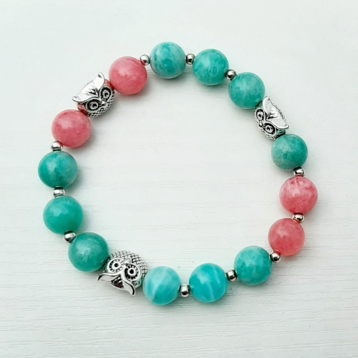 Amazonite Rhodochrosite Bracelet Owl Beads Silver Stretch Natural Healing Blue Pink