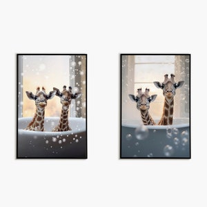Download instantâneo de arte de banheiro de girafa, impressão de arte de girafa na banheira, impressão de banheiro de berçário, conjunto de 2 arte de parede para impressão de banheiro de animal