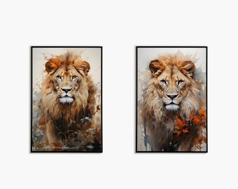 Abstract Lion Wall Art, Lion Oil Painting Art Instant Download, Lion Drawing Printable Wall Art, Lion Wall Decor, Lion Wall Art Set Of 2