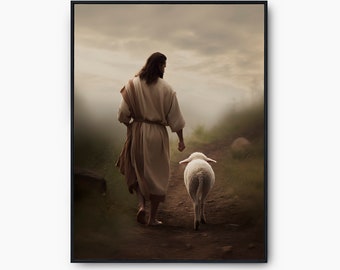 Jesus And Lamb Art Instant Download, Jesus and Lamb Printable Wall Art, Jesus Bible Wall Art, Jesus Painting, Christian Wall Art, God Poster