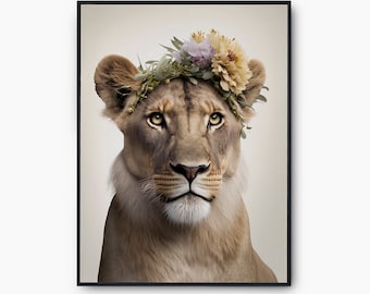 Lioness Floral Crown Poster, Lioness Flowers Crown Printable Art Decor, Lioness Flowers Printable Wall Art, Lioness Flowers Instant Download