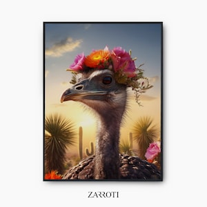 Ostrich Bird Flowers Printable Wall Art, Ostrich Bird Flowers Cactus Poster, Ostrich Bird Printable Wall Art, Ostrich Bird Instant Download