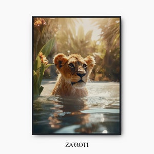 Lion Nursery Art Poster, Lion Action Art Photography, Lion Printable Wall Art, Lion Palm Trees Instant Download, Baby Lion Wall Art Decor