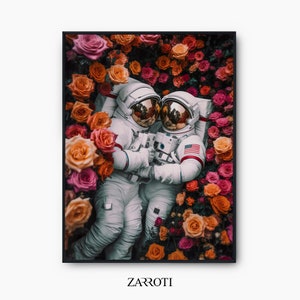 Cartel de pareja de astronautas de rosas, regalo para ella / él, regalo de pareja, impresión de pared de flores y astronautas, descarga instantánea de pareja de flores de astronauta