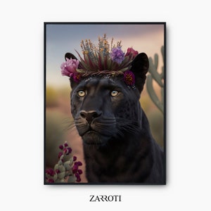 Black Panther Poster Art, Panther Floral Printable Art, Flower Black Panther Instant Download, Jungle Animal Printable Art, Panther Photo