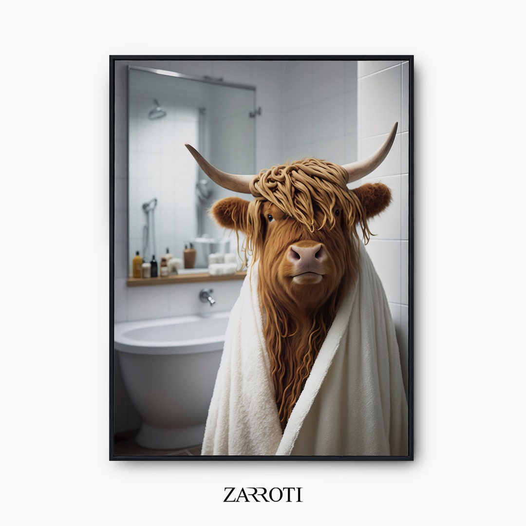 Highland Cow in A Bathrobe Digital Download, Highland Cow Spa Bathroom