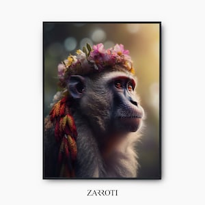 Singe fleurs Portrait imprimable Wall Art, singe Art Floral, singe fleur couronne Téléchargement instantané, singe photographie imprimable Wall Art
