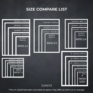 Może przedstawiać: Wykres por&oacute;wnujący r&oacute;żne rozmiary wydruk&oacute;w artystycznych i format&oacute;w papieru. Wykres pokazuje wymiary w calach i centymetrach, a także proporcje każdego rozmiaru. Wykres zawiera r&oacute;wnież standardowe formaty papieru A1, A2, A3, A4 i A5.