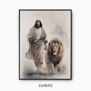 Jesus And Lion Painting Instant Download, Jesus And Lion Watercolor Art, Jesus Printable Wall Art, Jesus Art, Bible Verse Print, Bible Art