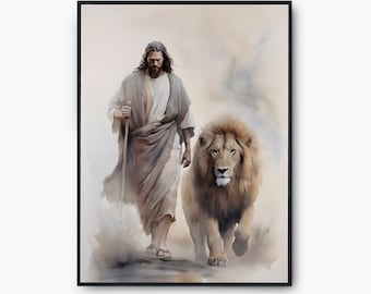 Jezus i lew malarstwo Instant Download, Jezus i lew akwarela sztuka, Jezus do druku Wall art, sztuka Jezusa, druk wersetu biblijnego, sztuka biblijna