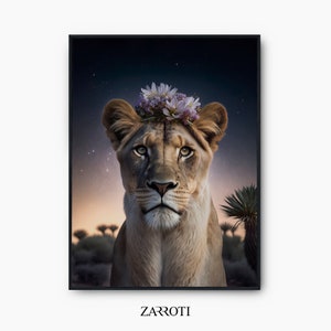 Lioness Flower Crown Art, Lioness Flowers Poster, Lioness Flowers Printable Wall Art, Lioness Flower Wall Decor, Lioness Instant Download