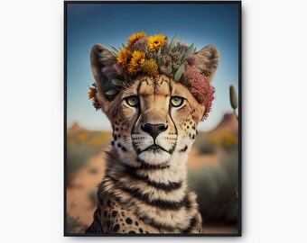Cheetah Poster Print, Cheetah Flower Printable Art, Floral Cheetah Instant Download, Jungle Animal Printable Art, Cheetah Photo Print Art