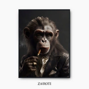 Monkey With Cigarette Poster, Monkey Wall Art Instant Download, Funny Monkey Wall Art Decor, Monkey In Suit Art, Funny Animal Printable Art