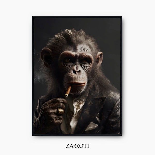 Monkey With Cigarette Poster, Monkey Wall Art Instant Download, Funny Monkey Wall Art Decor, Monkey In Suit Art, Funny Animal Printable Art