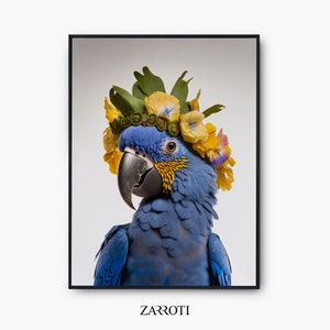 Hyacinth Macaw Parrot Poster, Parrot Flower Crown Wall Art, Parrot Art Printable Wall Art, Parrot Art Instant Download, Parrot Print Decor