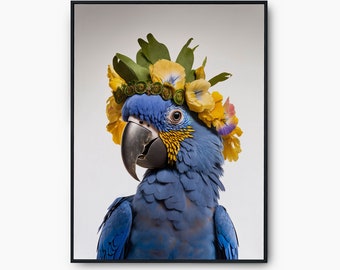 Hyacinth Macaw Parrot Poster, Parrot Flower Crown Wall Art, Parrot Art Printable Wall Art, Parrot Art Instant Download, Parrot Print Decor