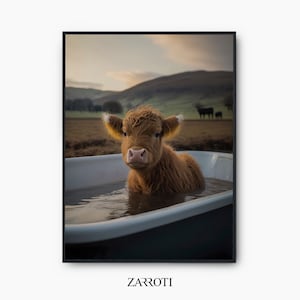 Baby Highland Cow Calf In Tub, Cattle Wall Art Print, Cute Highland Cow Decor, Nursery Wall Decor, Highland Cow Calf Printable Wall Art
