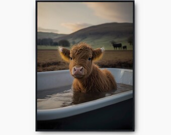 Baby Highland krowa cielę w wannie, bydło Wall Art Print, ładny wystrój Highland krowa, dekoracja ścienna przedszkola, Highland krowa cielę do druku Wall art